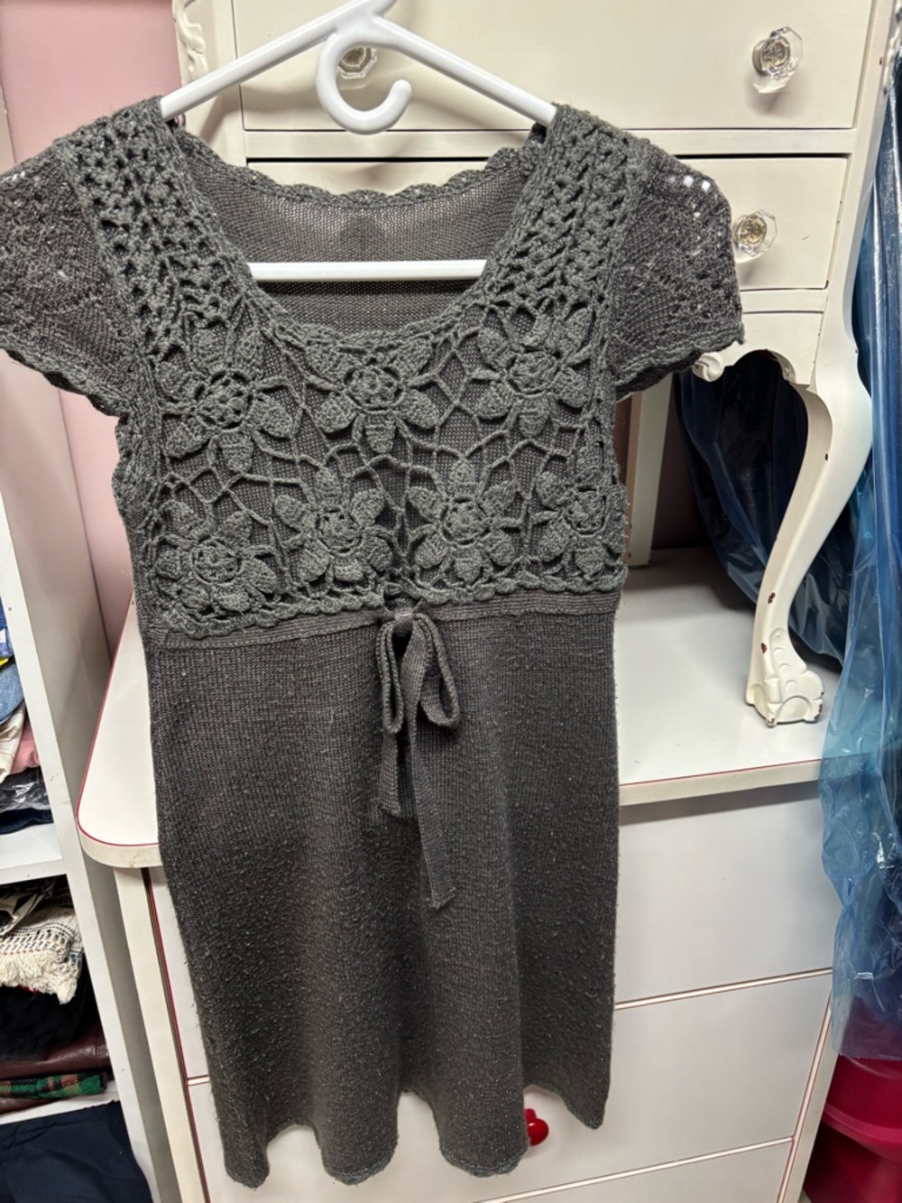 Gray Crochet-Top Knit Dress - Women's